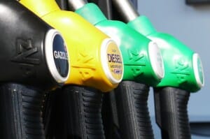 A row of pumps at a gas station.