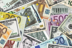 Notes from different currency denominations, including Euros and Dollars