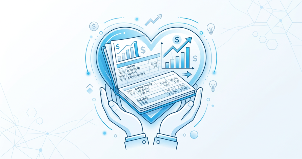Illustration of hands holding financial documents showing charts and tables, with dollar signs, arrows, and business related
