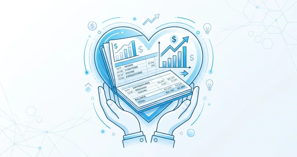 Illustration of hands holding financial documents showing charts and tables, with dollar signs, arrows, and business related 