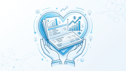 Illustration of hands holding financial documents showing charts and tables, with dollar signs, arrows, and business related