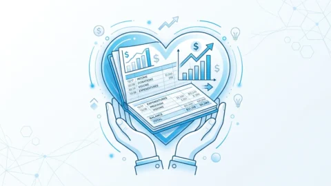 Illustration of hands holding financial documents showing charts and tables, with dollar signs, arrows, and business related 