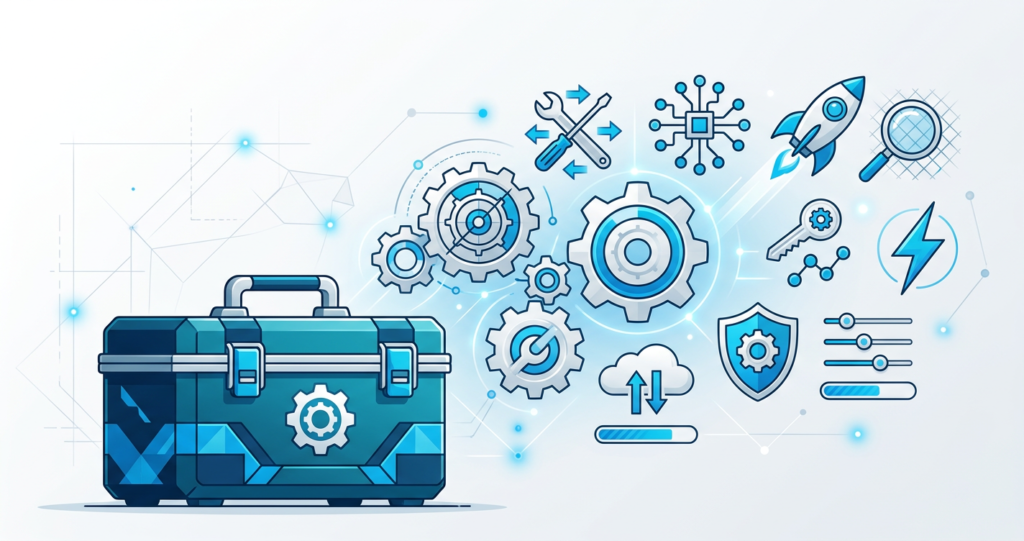 A blue toolbox with gears and various technology, cloud, and security icons symbolising digital tools and technical solutions