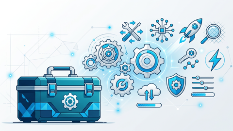 A blue toolbox with gears and various technology, cloud, and security icons symbolising digital tools and technical solutions