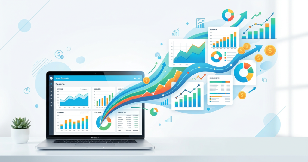 A laptop displays various financial graphs and charts, with colourful data visualisations flowing out of the screen represent