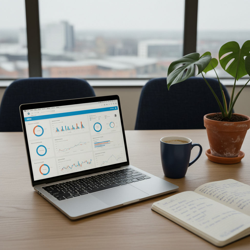 Xero accounting dashboard on laptop in a Manchester office